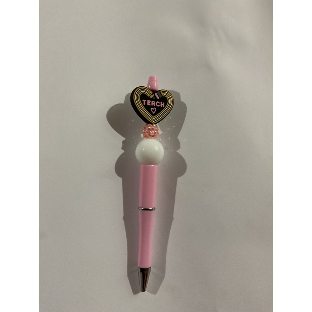 Teacher Beaded Pen Pink Heart TEACH Charm Rhinestone Handcrafted Writing Pen